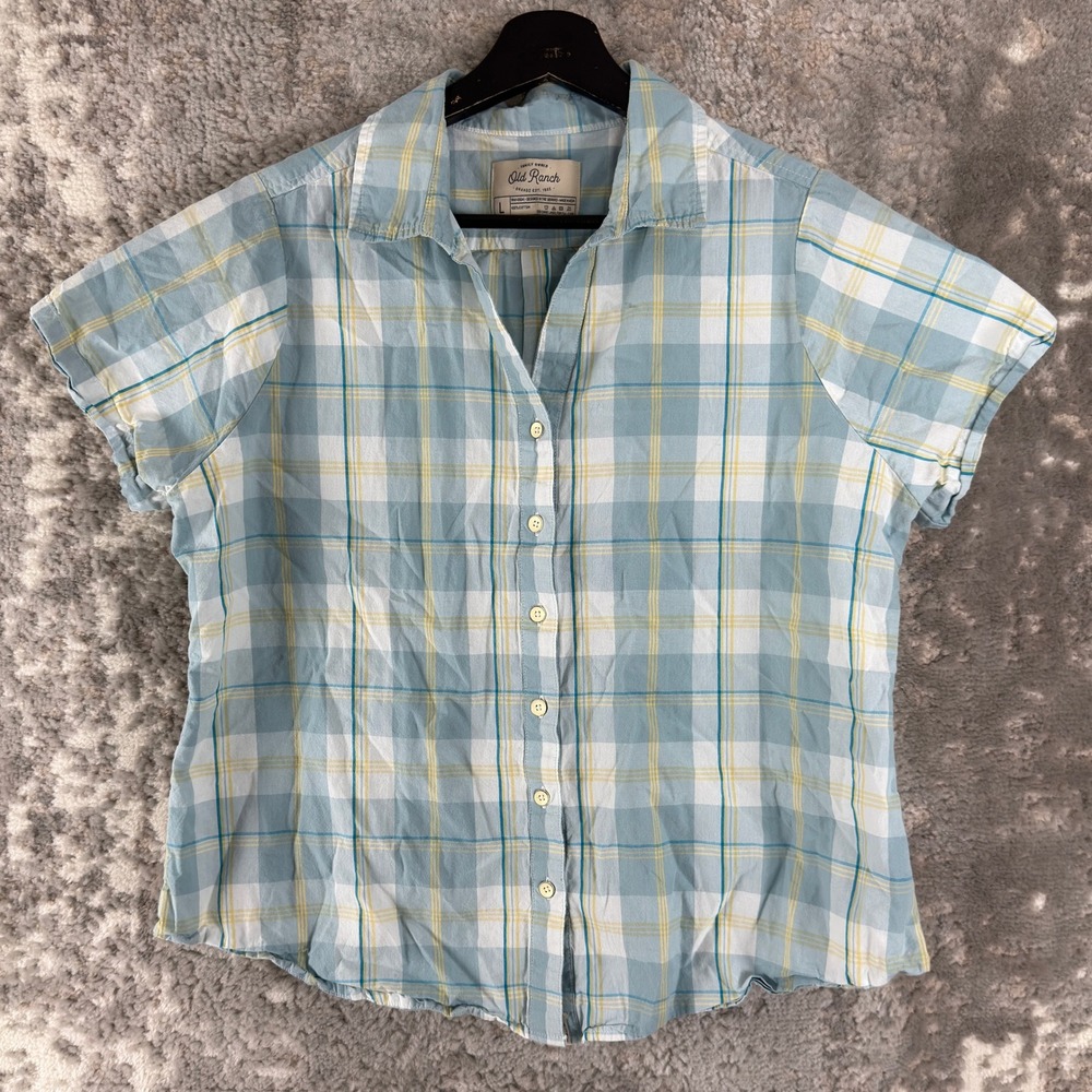 Old Ranch Size L Plaid Cotton Button Down Shirt Blue Short Sleeve Womens